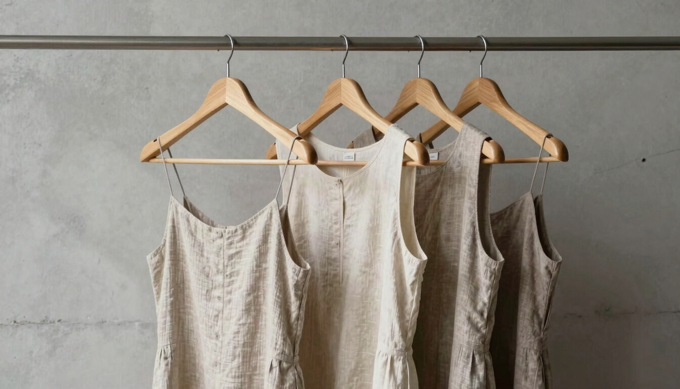 Minimalist wooden hangers holding neutral-toned contemporary linen dresses against a soft gray concrete wall, diffused daylight casting subtle shadows.