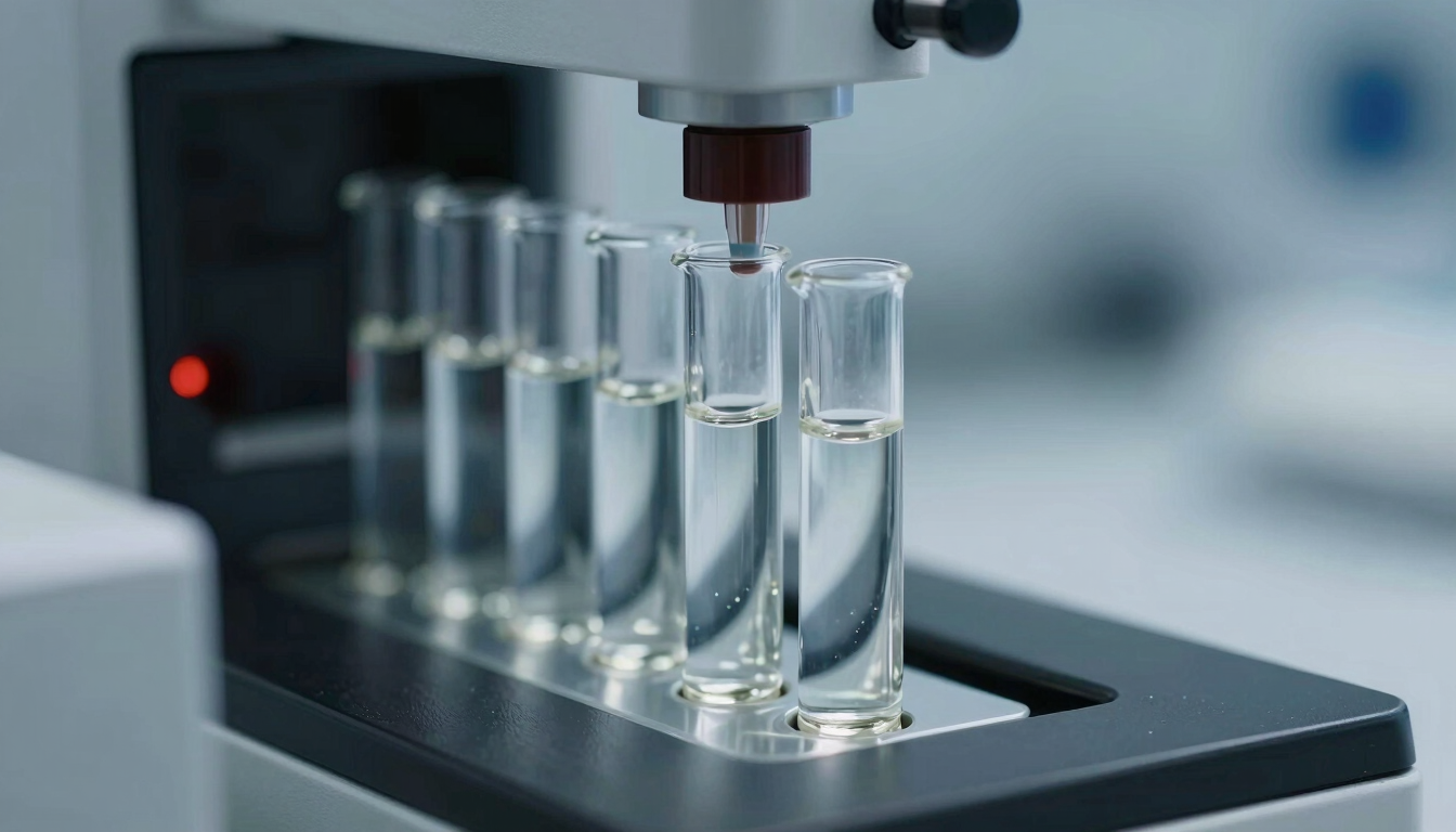 Macro shot of a high-performance liquid chromatography (HPLC) system with glass vials containing clear solutions, clinical laboratory environment, sharp focus, cool lighting.