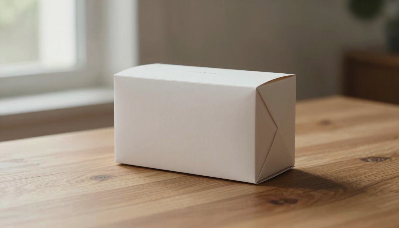 Elegant minimalist packaging resting on a warm wooden tabletop, soft diffused natural window light, clean composition