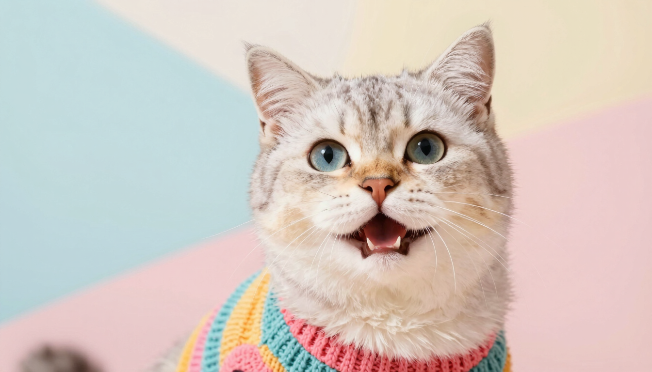 Close-up of a happy fluffy cat wearing a colorful knitted sweater, soft pastel background, warm natural lighting, shallow depth of field