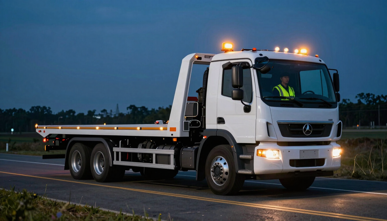 Wide environmental shot of a clean, modern flatbed tow truck parked safely on the roadside at night, amber warning lights illuminating the scene, professional driver in high-visibility safety vest.