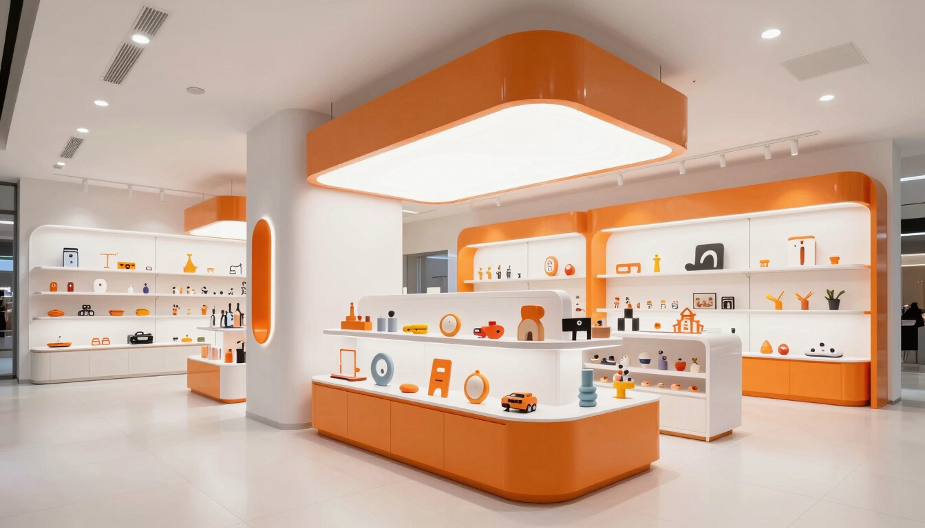 A beautifully lit modern toy retail store interior with custom orange-accented display fixtures, architectural photography, bright high-key lighting