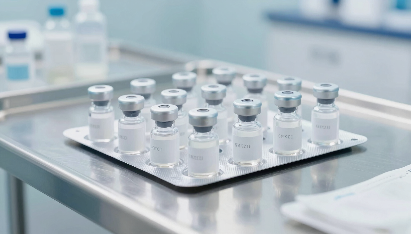 Pristine unopened medical packaging of aesthetic vials on a sterile steel clinic counter, high-key clinical light, sharp focus.