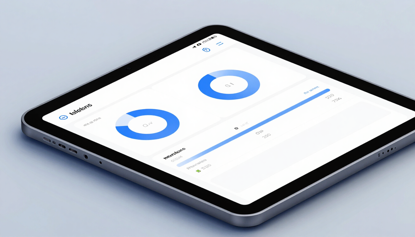 Macro isometric shot of a sleek dark tablet displaying a clean web analytics dashboard, crisp studio lighting with cool blue undertones, sharp clean shadows.