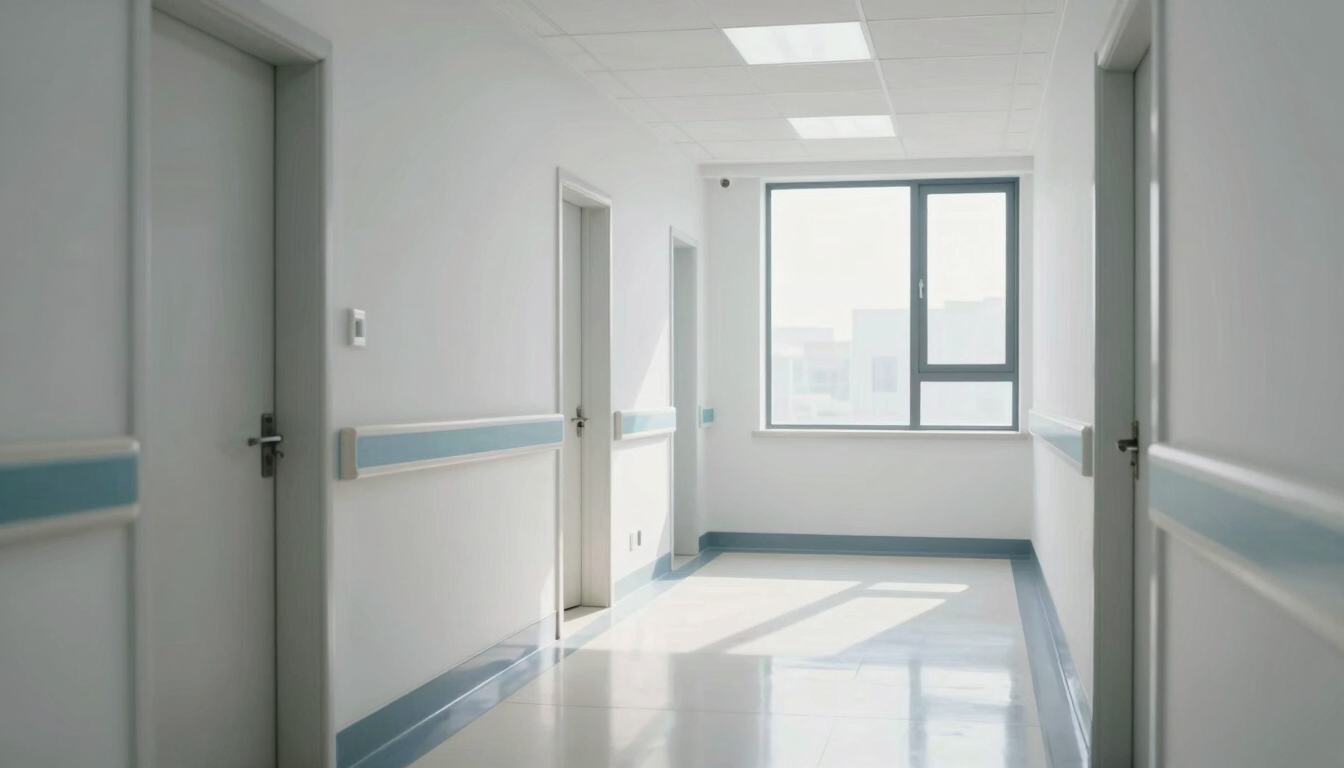 Crisp architectural view of a clinical healthcare corridor, sterile white surfaces, clean daylight coming from a side window, reflecting off pristine polished floors.
