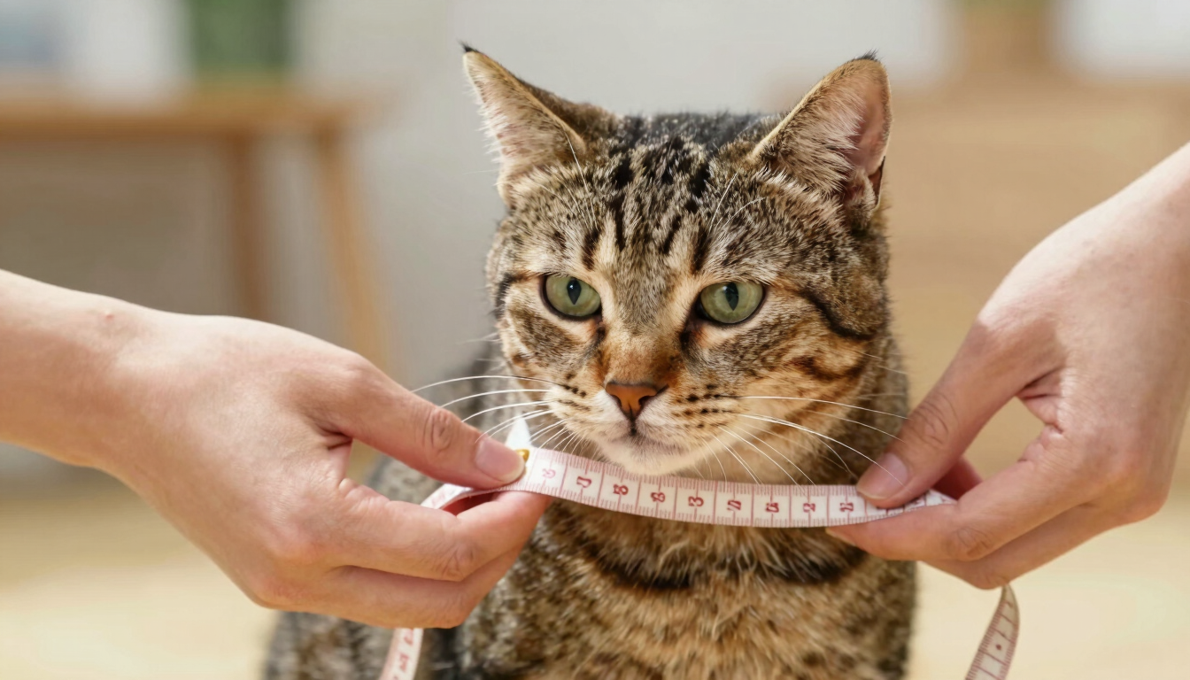 Eye-level medium close-up of a person gently measuring a calm tabby cat with a soft tape measure, warm natural light, focus on the hands and the cat's comfort