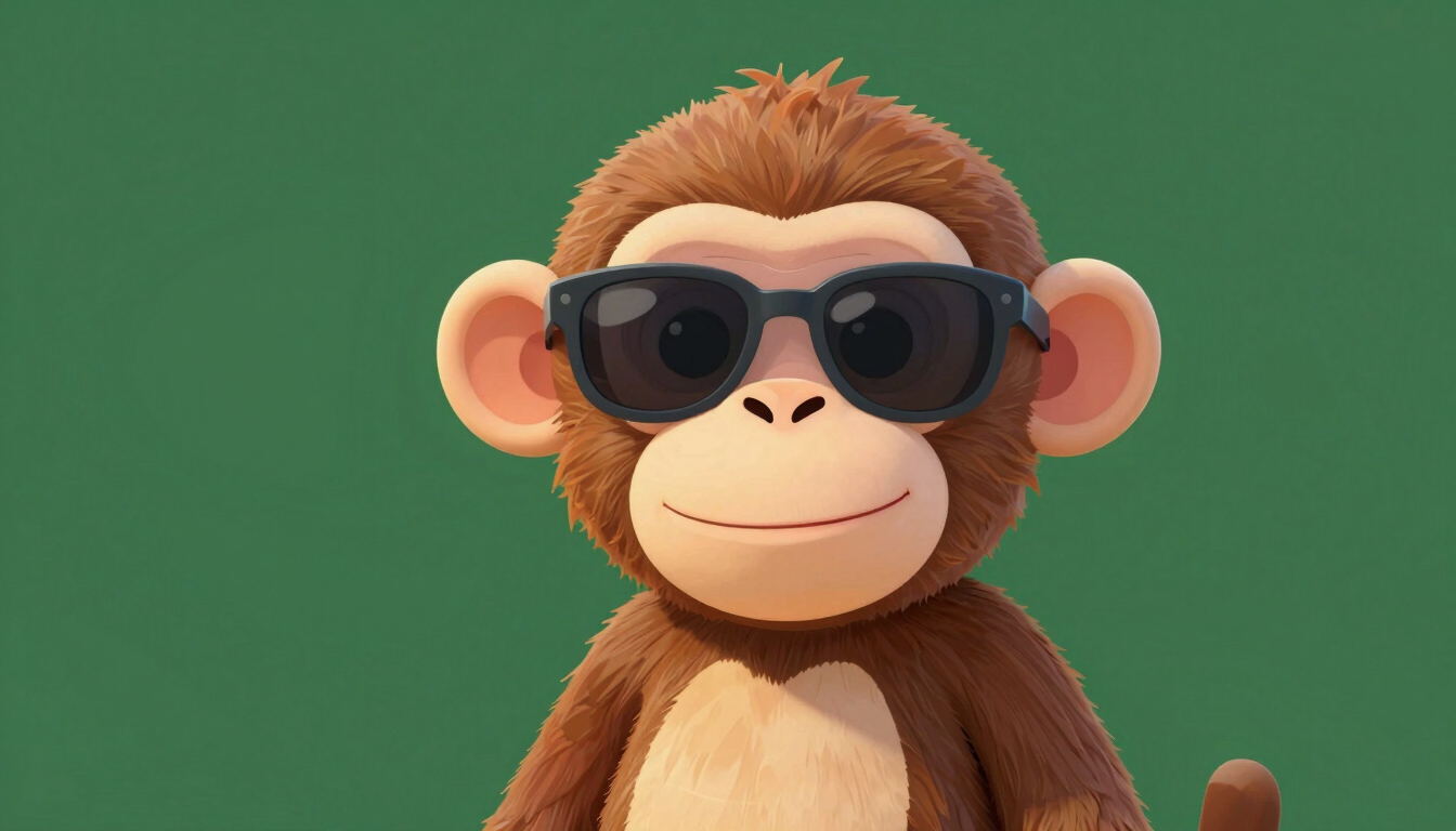 A friendly, stylized cartoon monkey wearing cool dark sunglasses, smiling warmly, isolated on a solid deep green background, minimalist modern vector style.