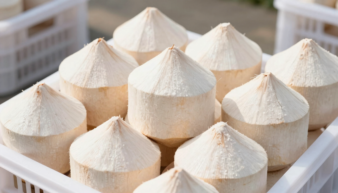 Close-up of clean semi-husked coconuts neatly stacked in a shipping crate, bright natural daylight, crisp commercial product photography