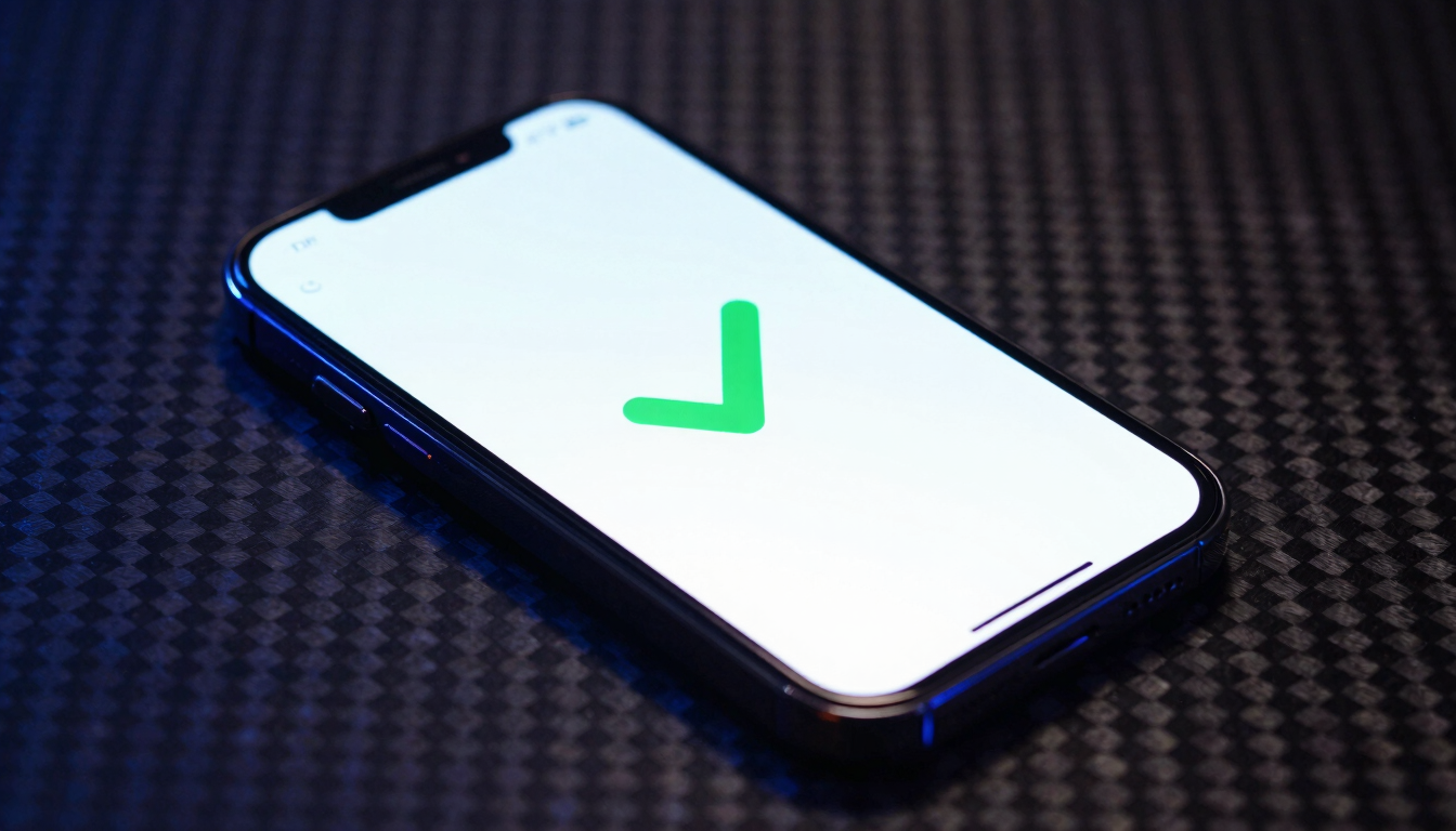 A close-up shot of a smartphone screen displaying a diagnostic green checkmark, resting on a dark carbon fiber surface with electric blue highlights