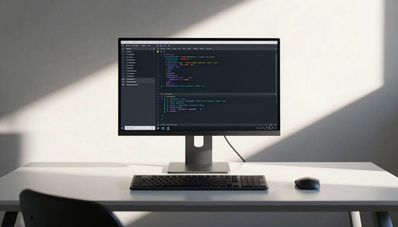 Symmetrical, high-contrast shot of a modern, minimalist workspace in Abuja, featuring a clean desk, a high-resolution monitor displaying structured system code, and cool natural daylight.