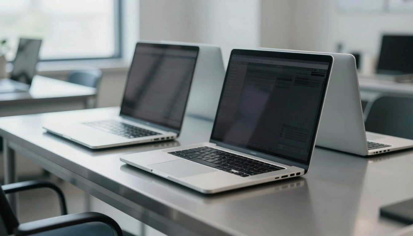 An eye-level medium shot of clean, silver rental MacBooks stacked neatly on a clinical metal service desk, cool bright daylight