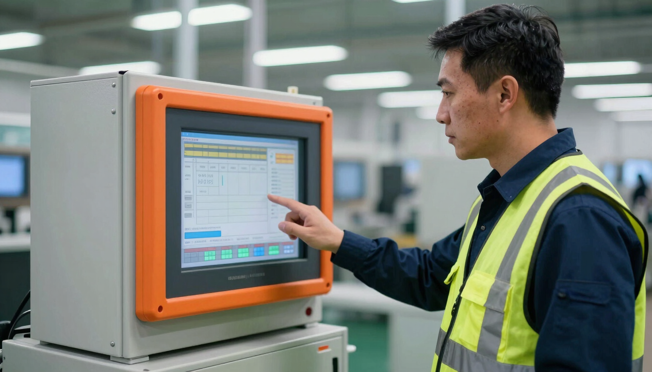 High-contrast industrial documentary photo of an inspector in a high-visibility vest checking a digital control screen on a factory floor, safety orange details, 35mm