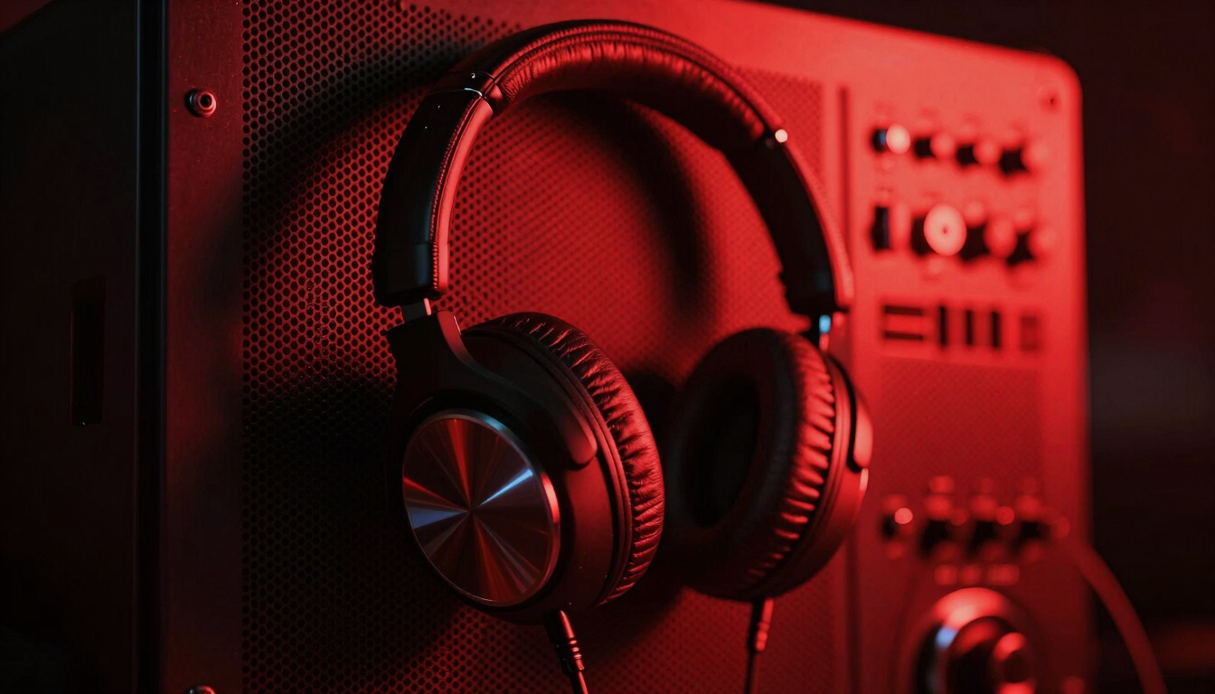 Macro shot of high-end DJ headphones hanging on a metallic soundboard, dramatic low-key lighting, red neon glow, high contrast