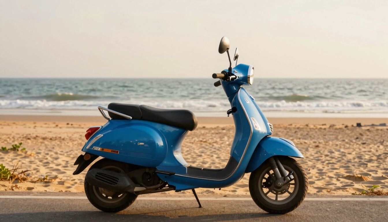 A pristine blue scooter parked on the coastal highway overlooking Puri Beach at golden hour, warm lighting, sharp focus