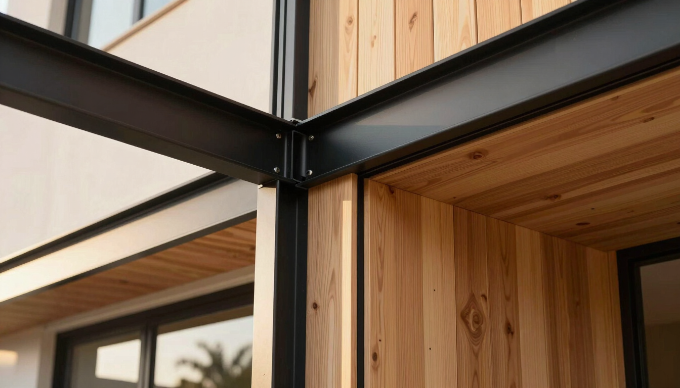 Close-up of premium construction materials, matte black steel frames meeting warm cedar siding, bright natural California light.