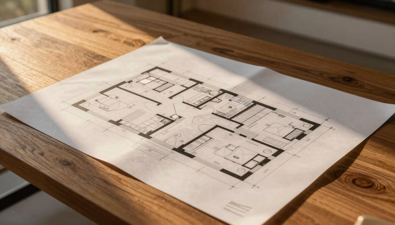 Detailed architectural floor plans laid out on a rich oak table, warm evening sun casting soft shadows across the drafting paper.