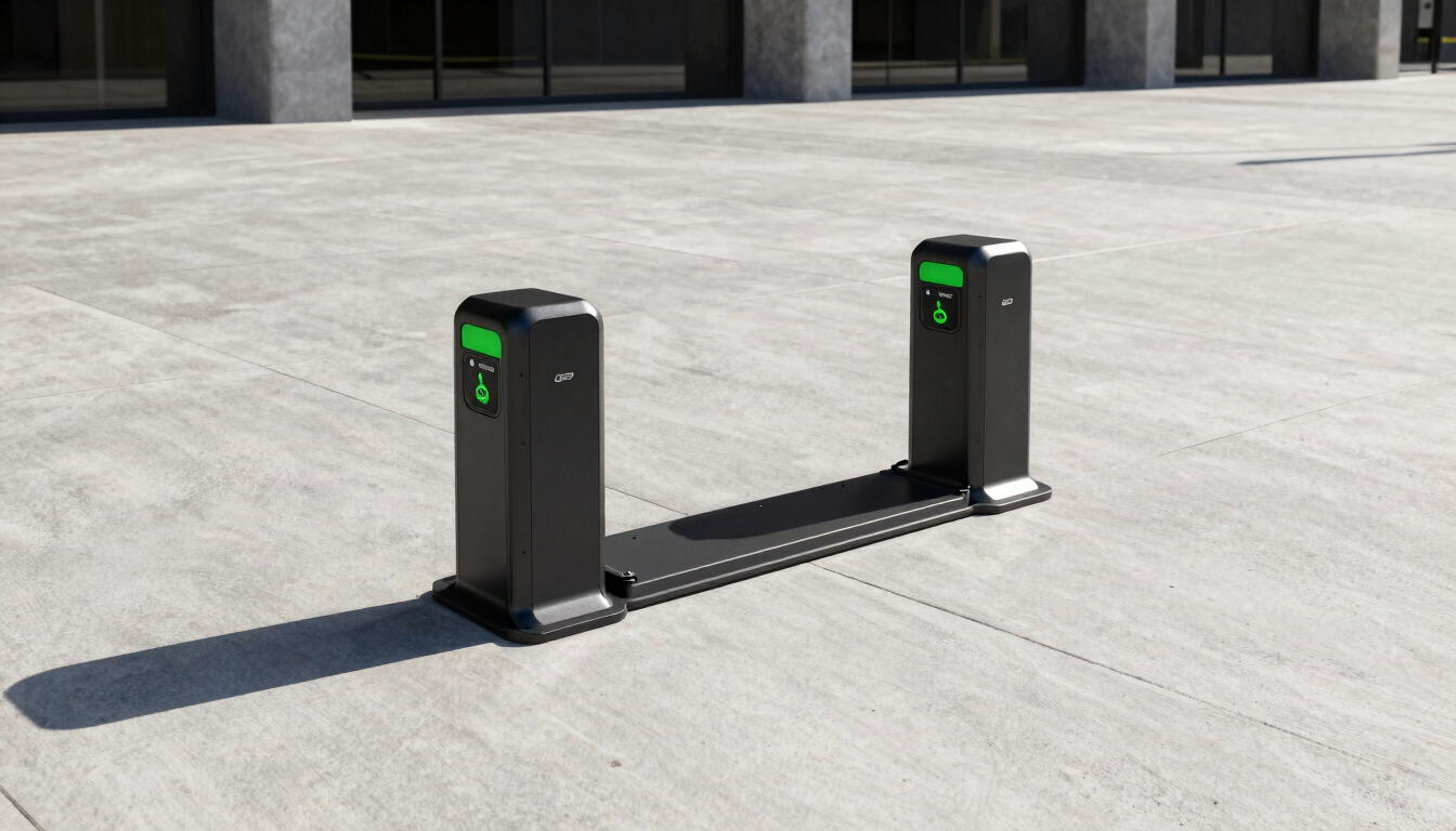 Sleek, heavy-duty Bikeep smart docks installed in a clean urban concrete plaza. Sharp, high-contrast daylight highlights the metallic textures of the locking mechanisms. Low-angle architectural perspective, 24mm wide-angle, no people.