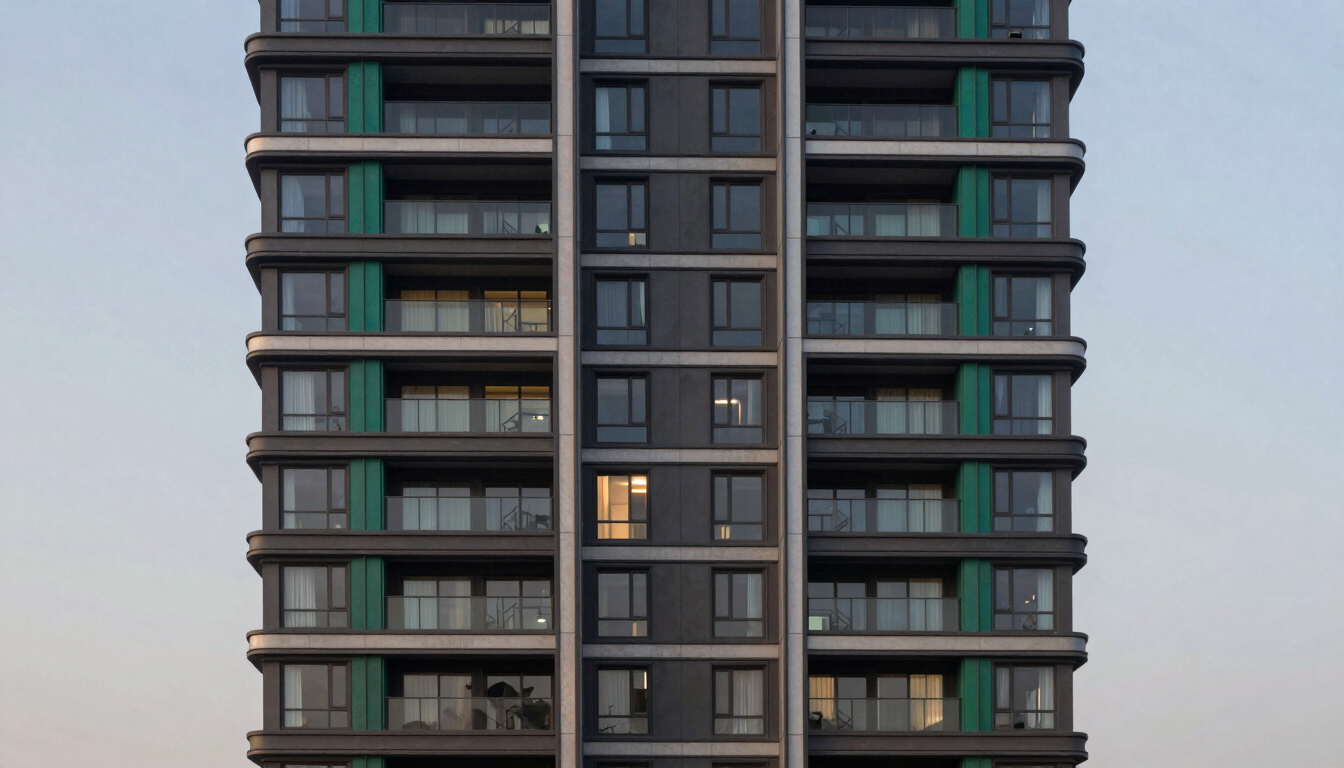 Symmetrical architectural shot of a modern luxury residential tower facade in Gurgaon, soft twilight lighting, deep emerald accents