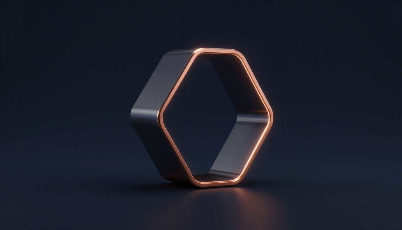 Bespoke 3D render of a glowing geometric structure, subtle copper edge glows, deep navy ambient background, clean studio lighting, 8k