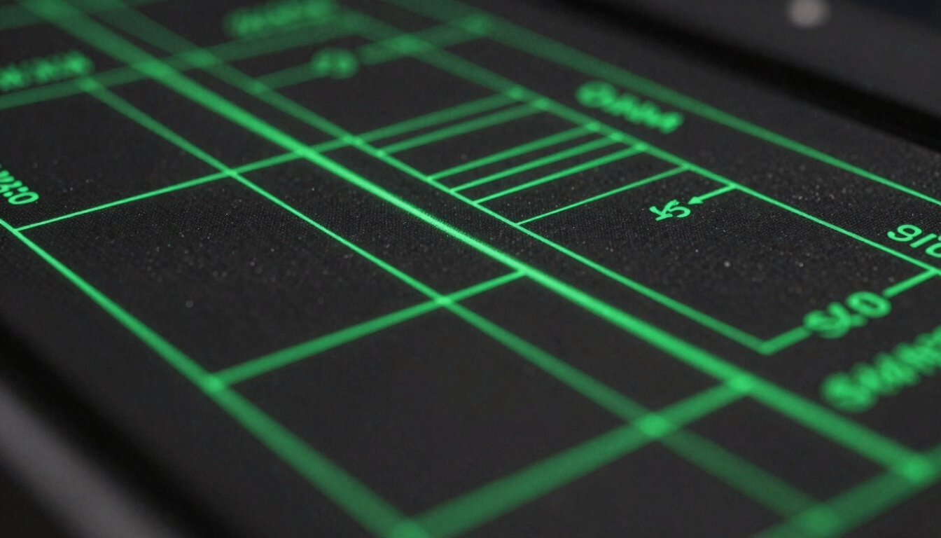 Macro close-up of high-fidelity system topology on dark screen, emerald green laser lines mapping data flow vectors, technical precision