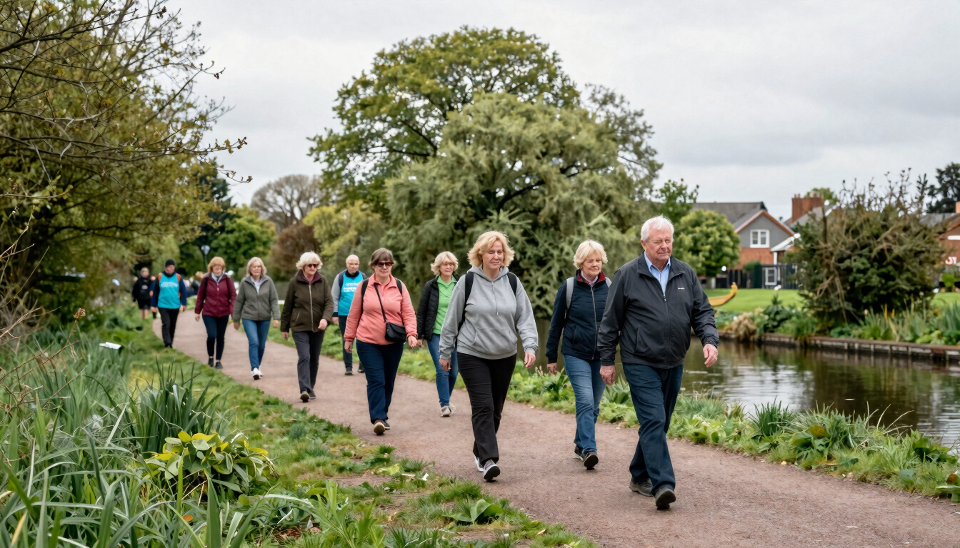 A group of local volunteers of various ages walking along a lush green canal path in Stoke-on-Trent, soft overcast light, natural documentary style, 35mm