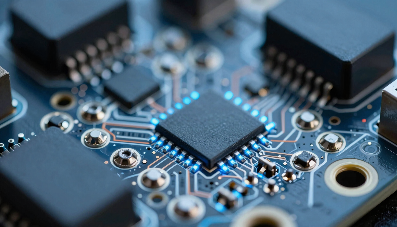 Macro close-up of a modern microcontroller board, exposed copper traces, metallic soldering points, cool blue led glow, crisp technical photography, 50mm lens