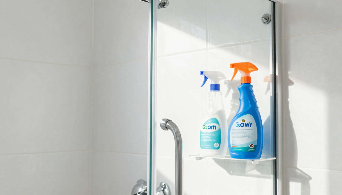 Close-up of a spotless glass shower door and white tiled bathroom reflecting bright Florida sunlight, eco-friendly cleaning tools neatly arranged on a shelf, 35mm
