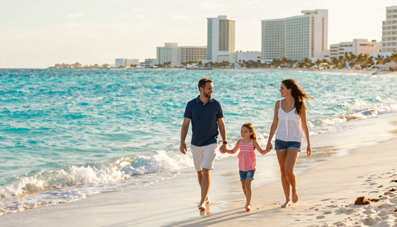 A happy family of three walking along the turquoise shoreline of Cancun, soft golden hour sunlight reflecting off the gentle waves, high-end beachfront hotels in the far background, bright editorial travel photography style