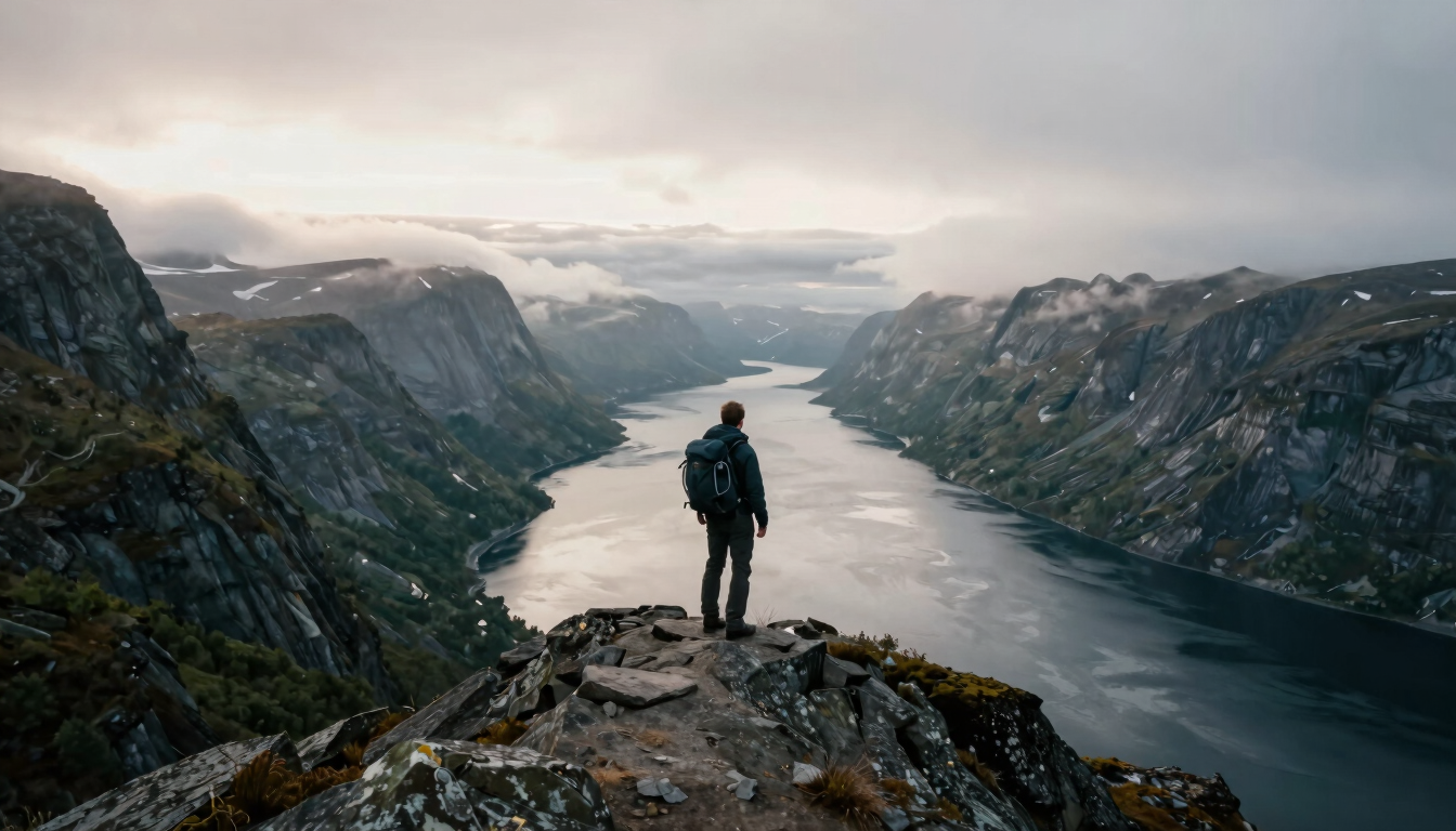 A male hiker with a backpack standing on a rocky cliff overlooking a scenic fjord and misty mountains.