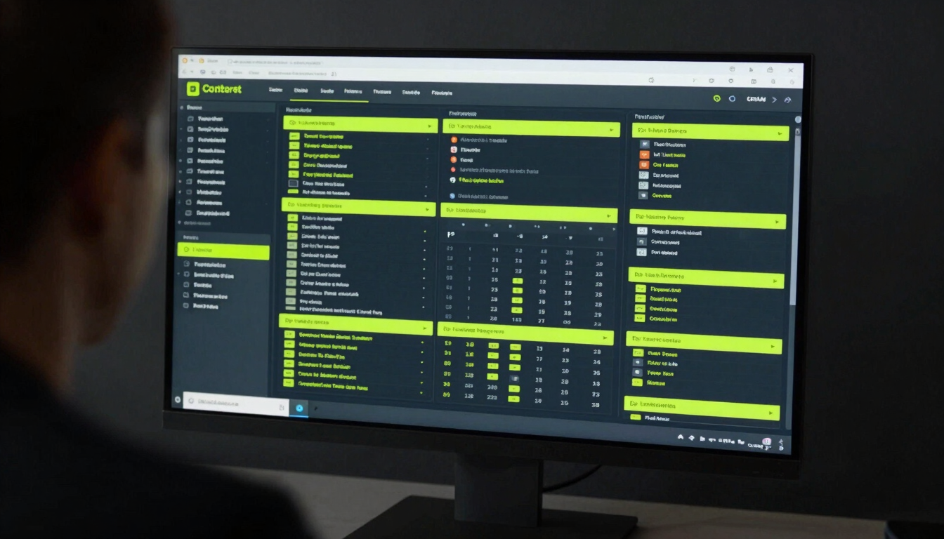 Over-the-shoulder shot of a performance marketer analyzing a complex dashboard on a high-end monitor, neon lime reflections on the screen, sharp focus, 35mm cinematic corporate photography