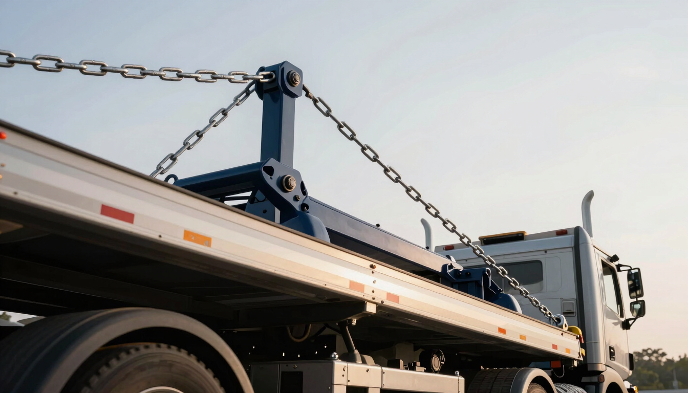 Low-angle close-up of heavy-duty flatbed rigging and silver chains on a commercial truck trailer, crisp high-contrast overcast daylight, industrial details