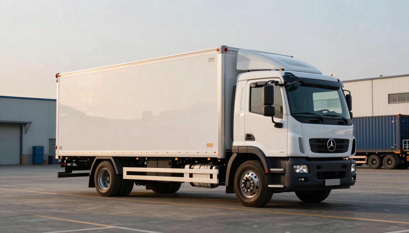 Side view of a modern white box truck parked in an industrial logistics yard under golden hour light, clean composition, 35mm lens
