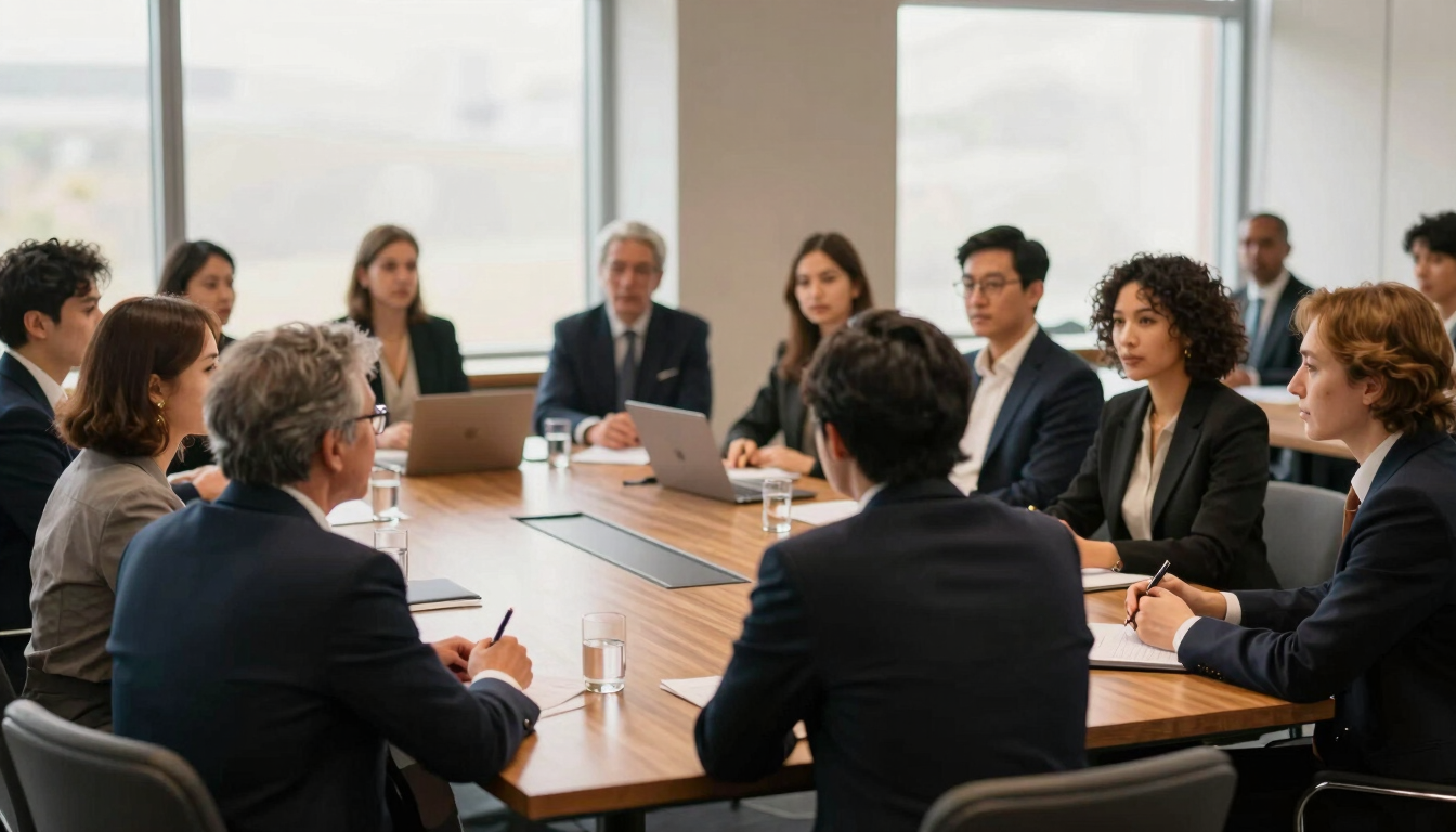 An editorial wide shot of a high-end corporate workshop, diverse professionals engaged in active discussion around a wooden table, soft natural window light, 35mm