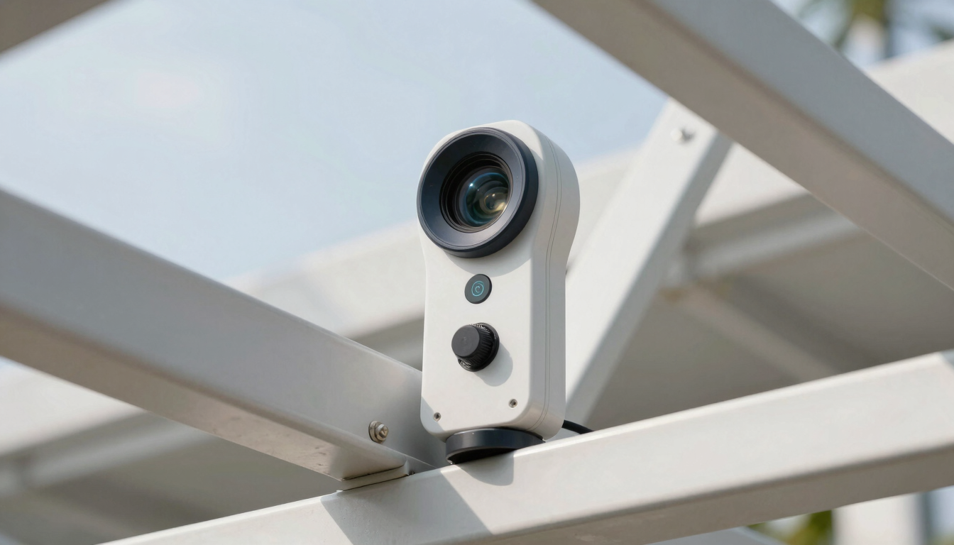 Tight geometric framing of high-end moisture detection equipment resting on clean structural framing, crisp bright natural morning light, generous negative space.