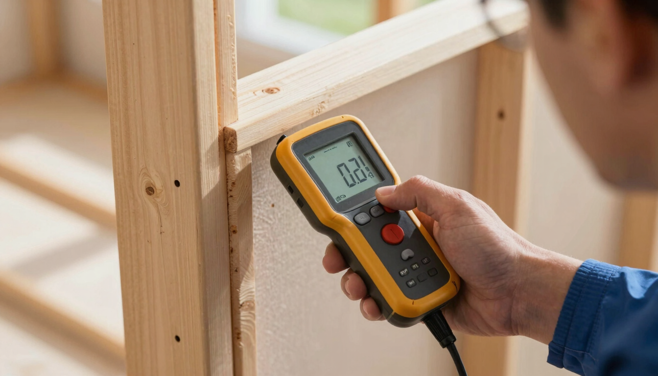A close-up, high-angle shot of a technician using a digital moisture meter against clean residential wall framing, bright morning light, sharp focus on the digital screen.