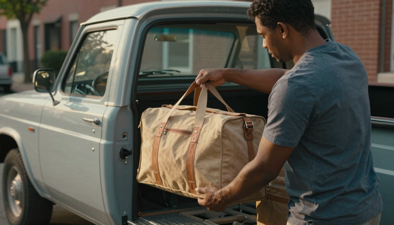 A medium-close documentary-style shot of a delivery driver loading a classic canvas bag into a vintage truck parked on a quiet Northeast DC street, warm incandescent glow, soft shadows.