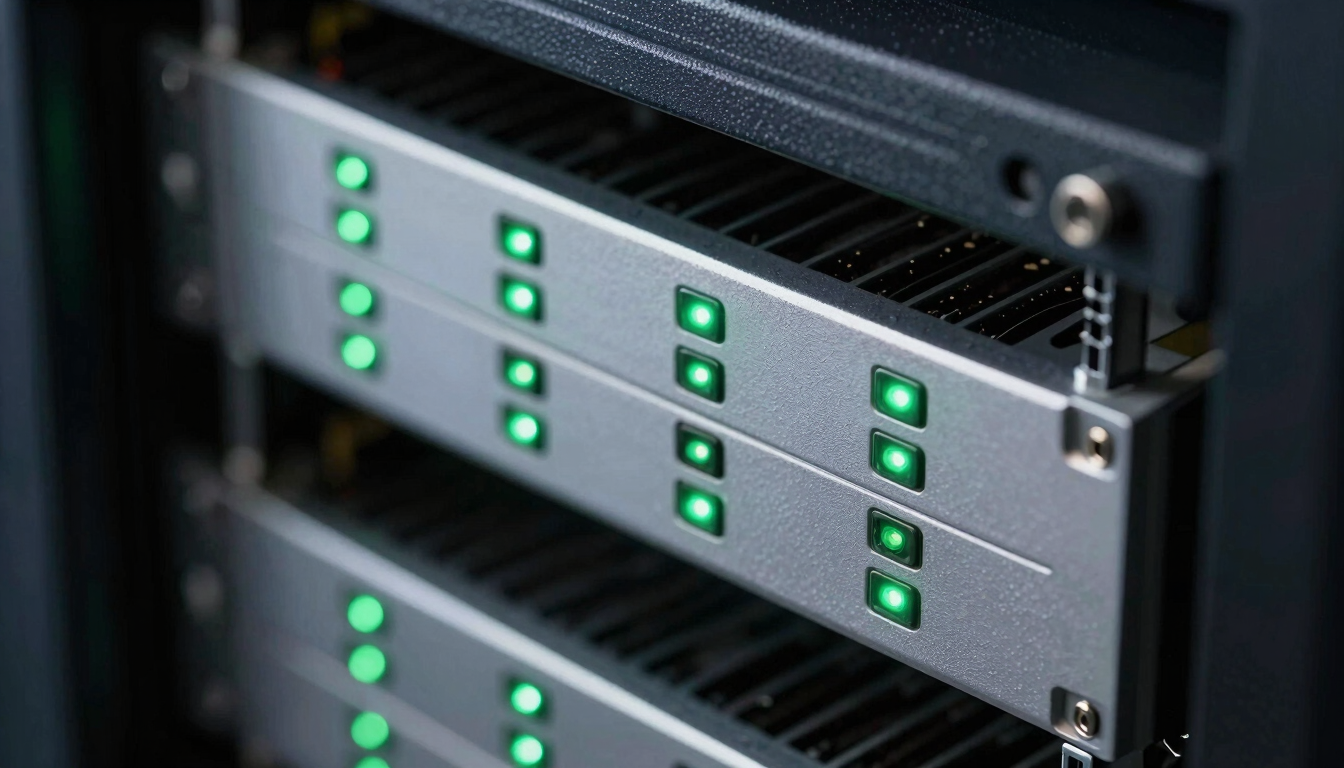 Macro close-up of physical server hardware in a dark server room, sharp green LED indicator lights casting shadows on clean aluminum chassis.