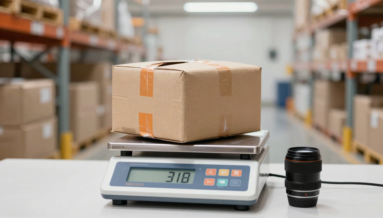 Straight-on technical shot of a parcel being weighed on a digital scale in a bright warehouse, real-time weight display visible, safety orange accents, sharp focus, 35mm lens