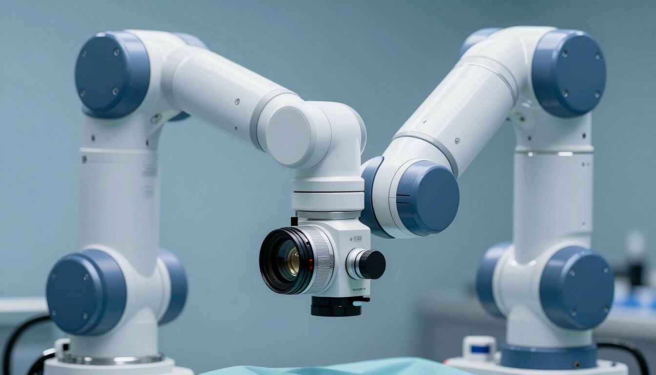 High-resolution abstract close-up of state-of-the-art robotic surgical equipment, sterile white and deep slate blue tones, crisp daylight.