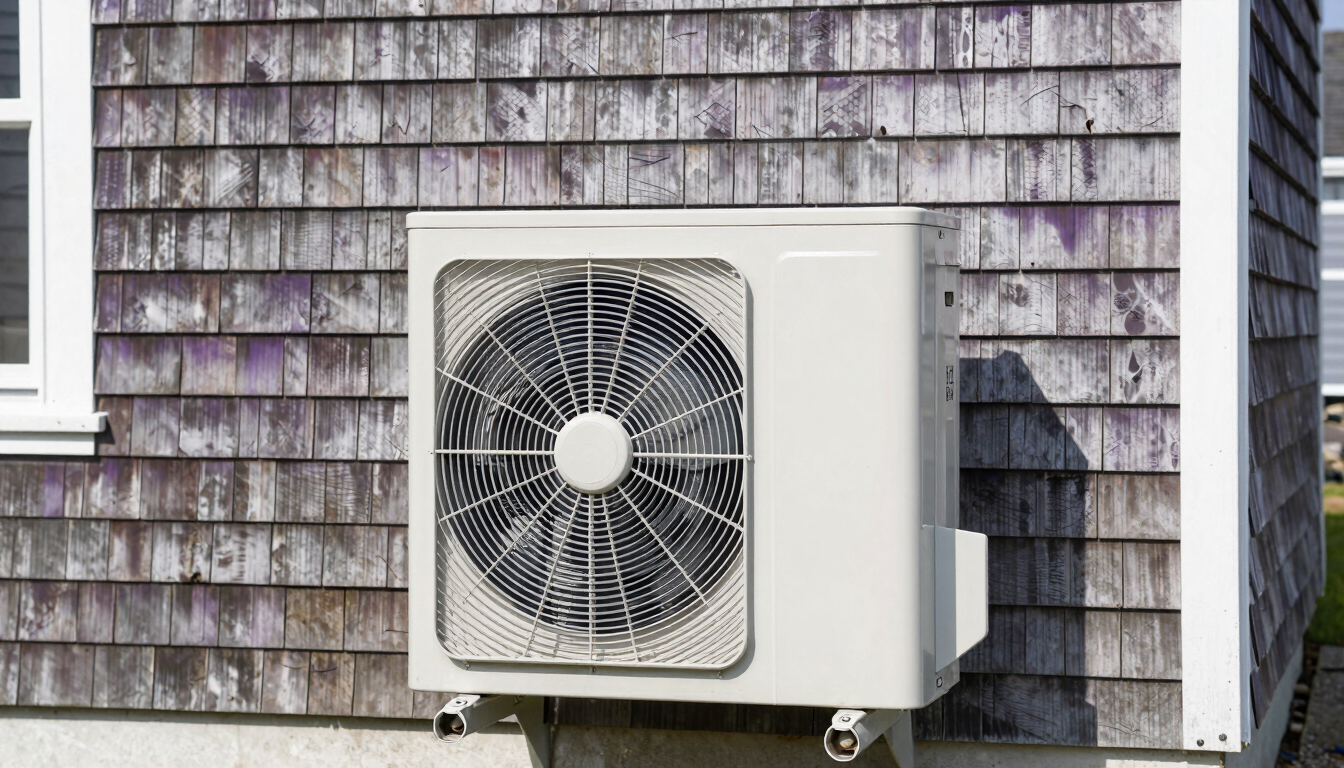 Clean outdoor heat pump coil unit set against weathered cedar shingle siding of a Prince Edward Island cottage, bright natural daylight, crisp focus