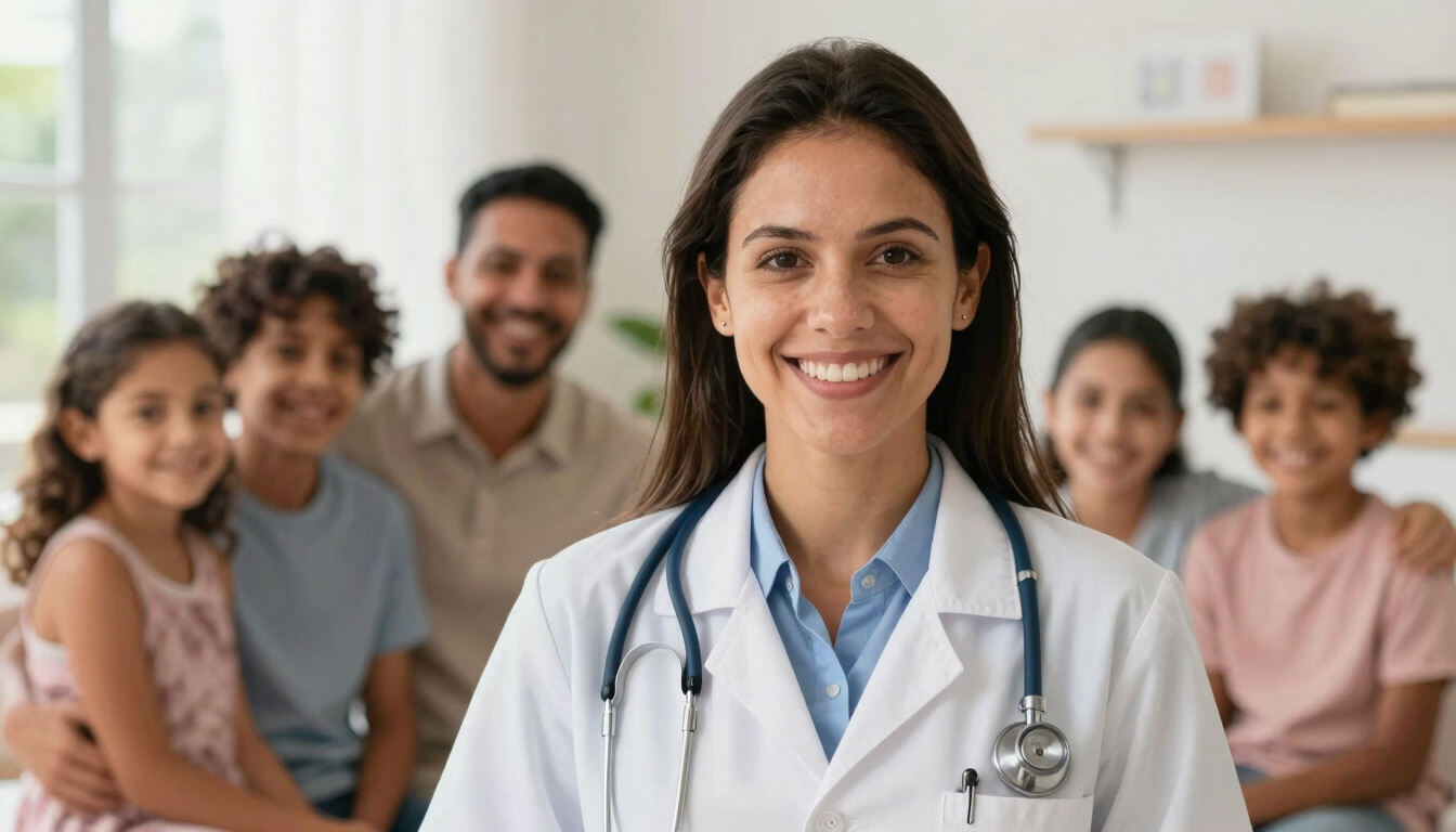 A friendly Brazilian doctor wearing a stethoscope, smiling directly at the camera, warm natural hospital lighting, welcoming and trustworthy atmosphere.