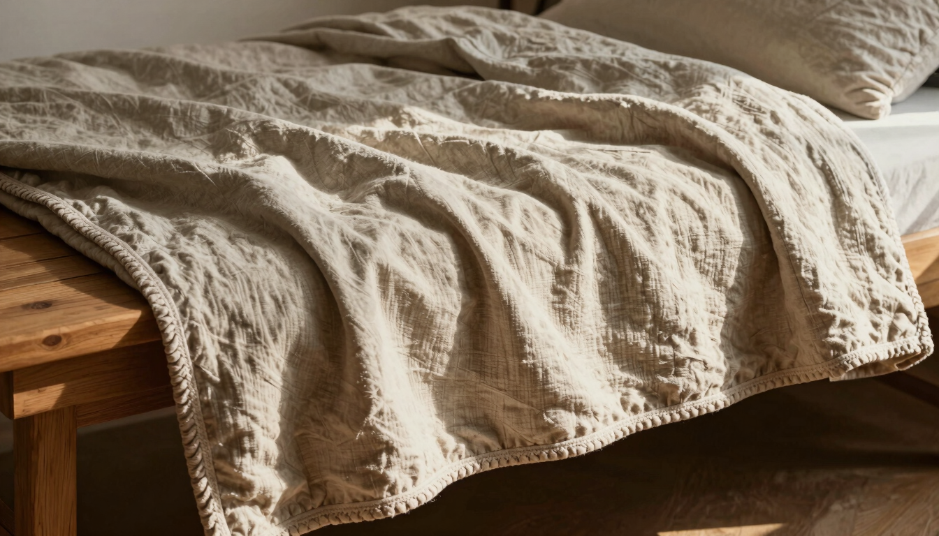 A heavy-gauge organic cotton blanket with hand-finished edges draped over a wooden bench, showing rich tactile texture and heavy weight, natural window light casting deep shadows, warm editorial photography