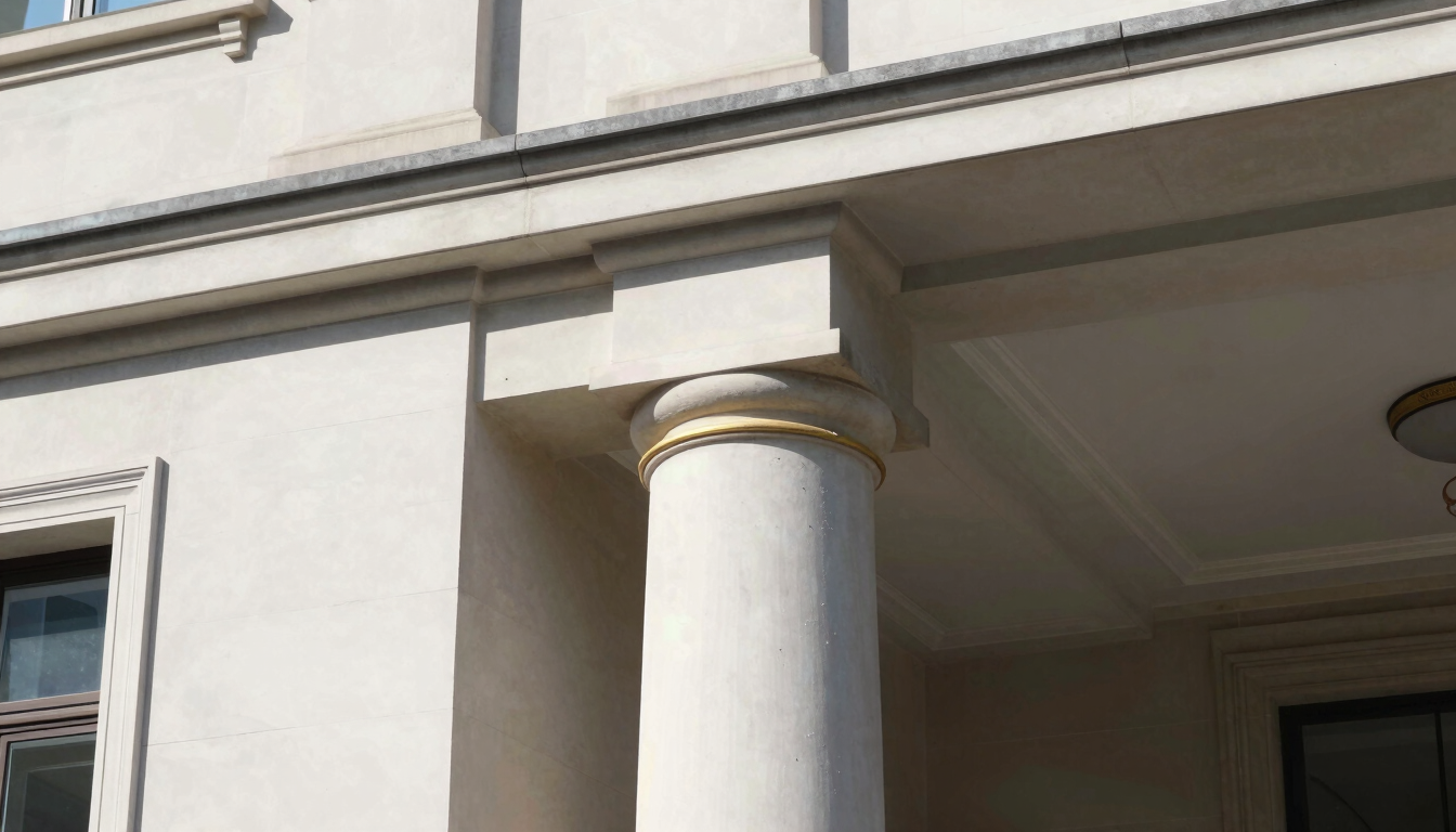 Architectural detail of a classic European government building column, clean lines, strong shadows, bright daylight, 35mm lens