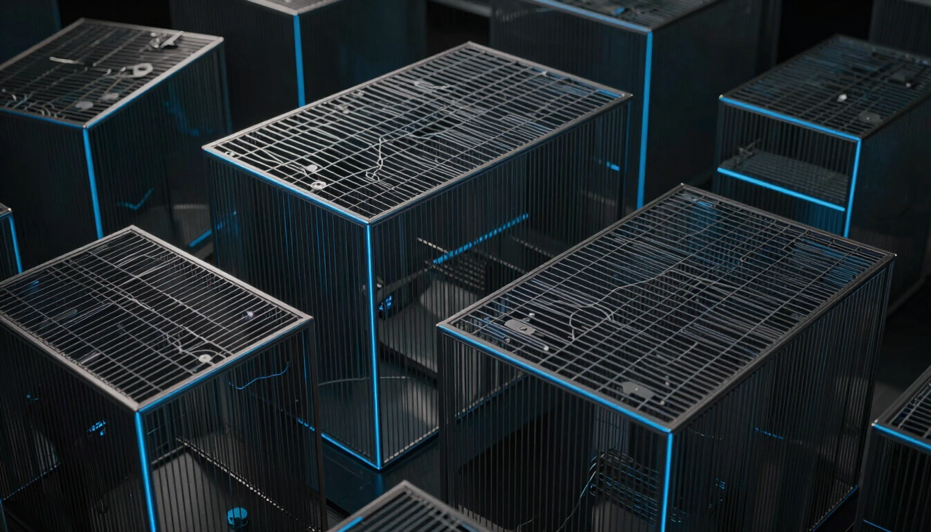 Abstract geometric wireframe of secure architectural structures, low-key lighting with deep shadows, sharp electric-blue accent lines