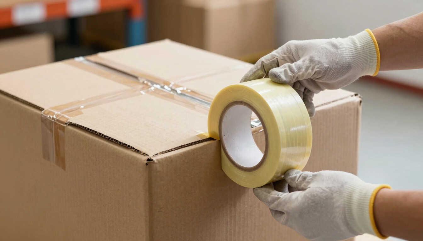 Close-up of professional hands in clean work gloves applying thick, heavy-duty packing tape to the reinforced corners of a double-wall corrugated cardboard box. Bright, high-daylight warehouse setting.