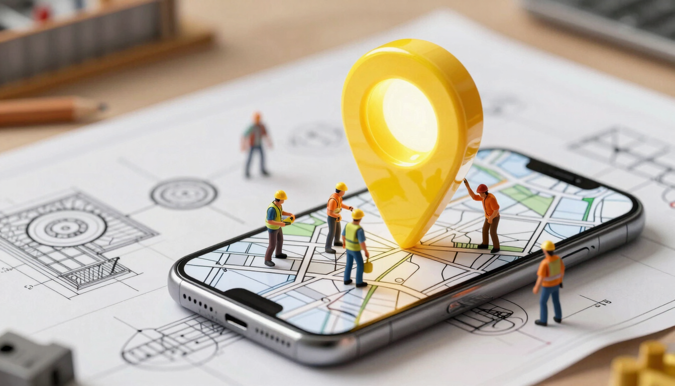 Isometric 3D blueprint of a miniature digital construction site, tiny workers in hard hats erecting a massive glowing yellow map pin next to a smartphone screen, pop-art comic style, bold ink outlines