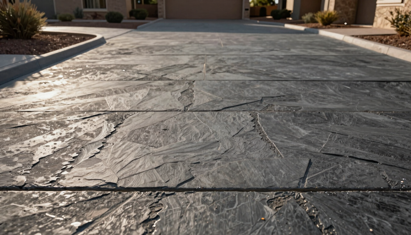 Low-angle portrait shot of a finished stamped concrete driveway, deep textured slate patterns catching the low sun, perfectly straight hand-troweled borders meeting the desert landscape.