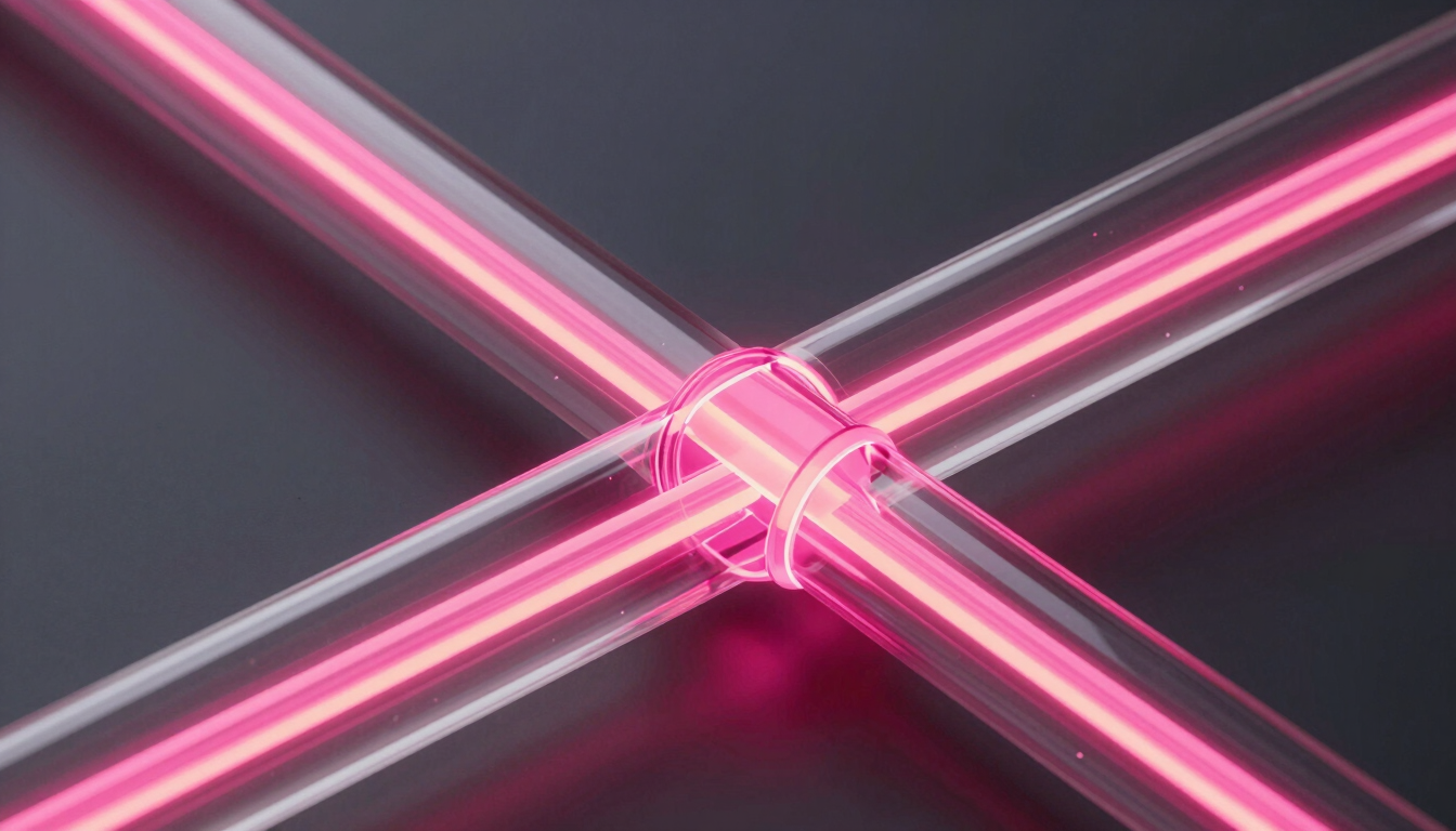 Close-up of glowing neon pink data stream flowing through a translucent glass tube, dark graphite background, high contrast, isometric architectural visualization