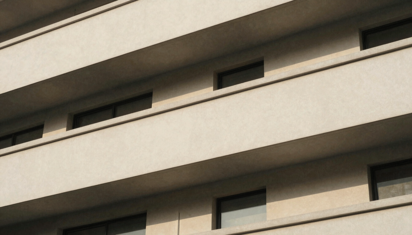 Detail of structured architectural facade with clean lines and shadow play, soft diffused daylight, minimal composition
