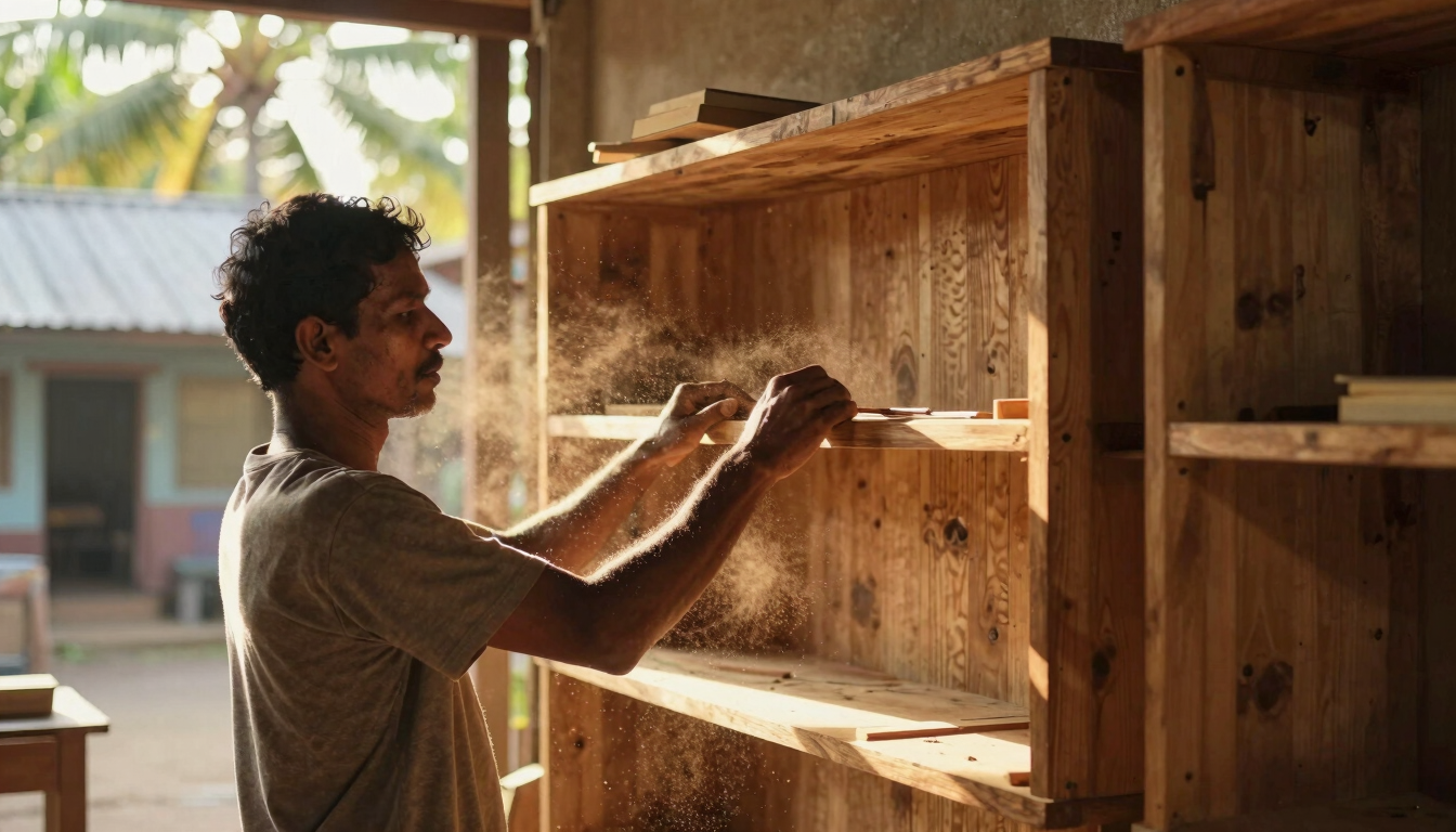 Documentary photo of a local craftsman assembling a wooden bookshelf in a sun-drenched Negombo workshop, sawdust in the golden air, warm natural tones.